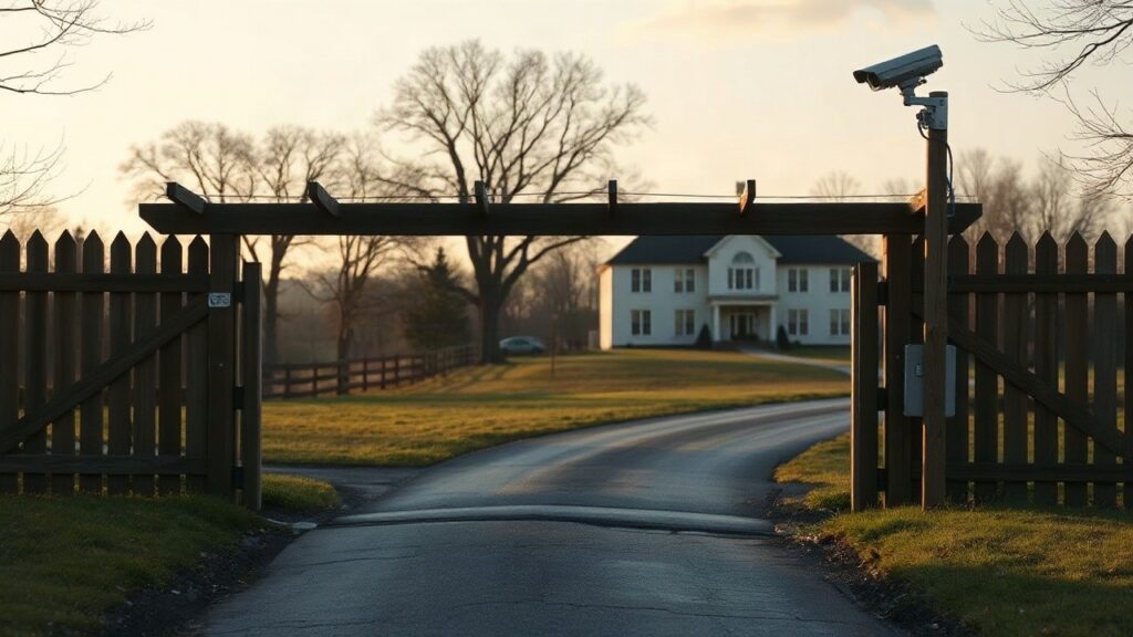 A quiet gated driveway entrance of a large country estate in Tennessee, wooden fence, a security camera mounted on a post, warm late afternoon light, no people visible – Symbolbild, KI-erzeugt