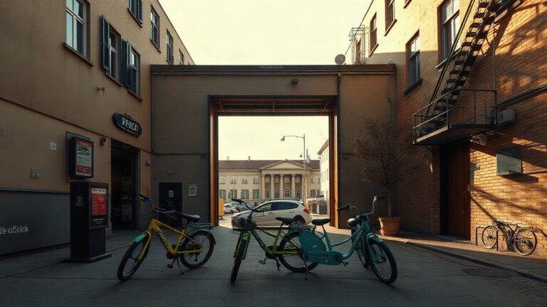 A wide-angle photo of a sunny city street in Berlin with an open factory or studio door, children's bicycles parked outside, soft autumn light, no visible faces, no text, documenta – Symbolbild, KI-erzeugt