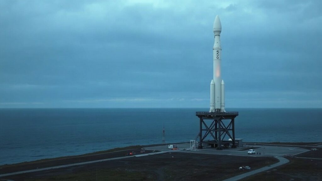 A rocket launch pad on a remote northern coastline at dusk, with a slender white rocket standing upright on the gantry, calm dark sea in the background, overcast sky with soft blue – Symbolbild, KI-erzeugt