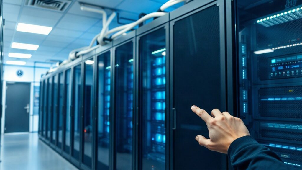 Modernes Rechenzentrum oder Serverraum mit blauem Licht und Glasfassaden eines Tech-Bürogebäudes, Nahaufnahme von Serverschränken oder Netzwerkkabeln, keine erkennbaren Personen, n – Symbolbild, KI-erzeugt