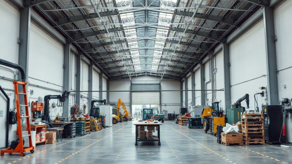 Ein unscharfer Querschnitt durch ein modernes Großraumbüro oder eine Fabrikhalle in Deutschland, mit Blick auf Arbeitsplätze und Werkzeuge, ohne erkennbare Personen, in ruhigem, sa – Symbolbild, KI-erzeugt