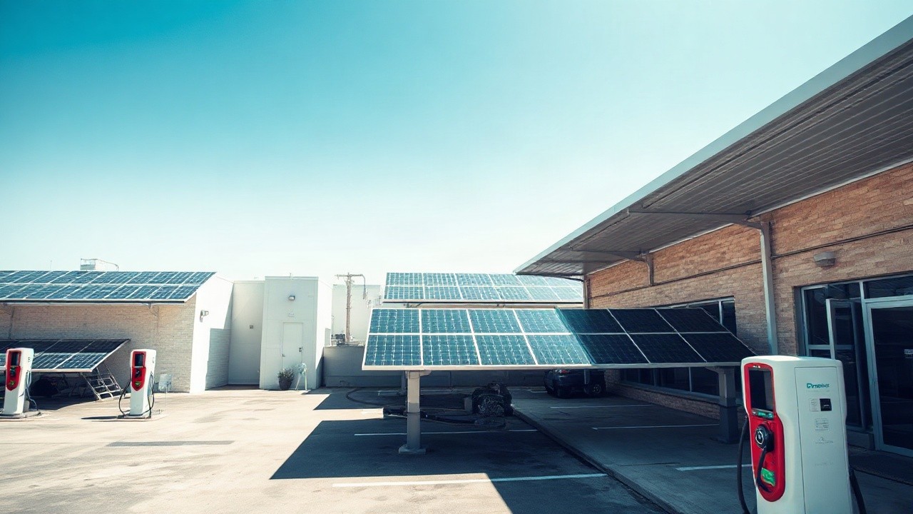 Wide-angle photo of a modern industrial rooftop and carport covered with solar panels under bright daylight, with electric vehicle charging stations visible in the foreground, no p – Symbolbild, KI-erzeugt