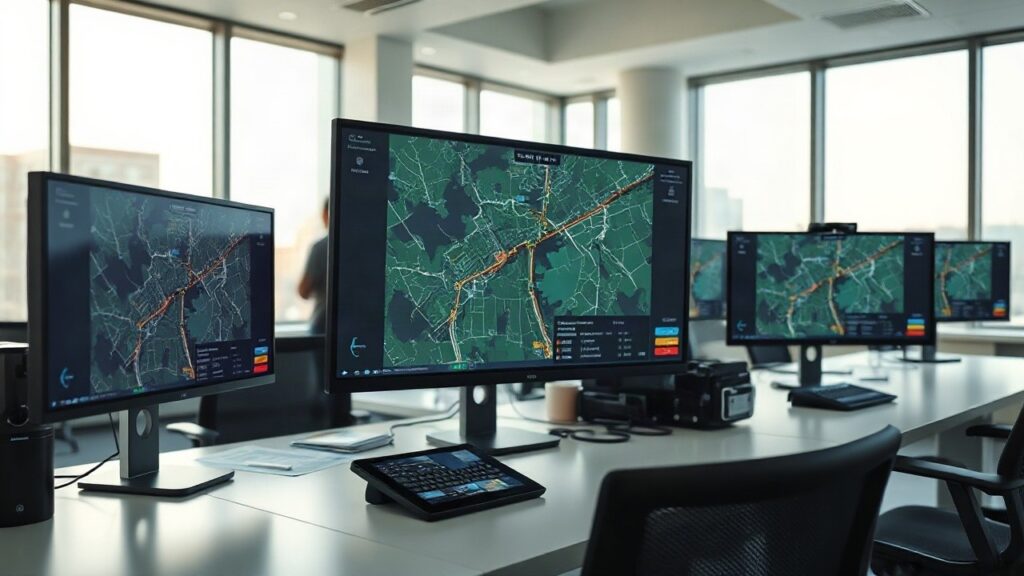 A modern open-plan office workspace with several computer monitors displaying traffic maps and fleet route data, soft daylight coming through large windows, no people visible, clos – Symbolbild, KI-erzeugt