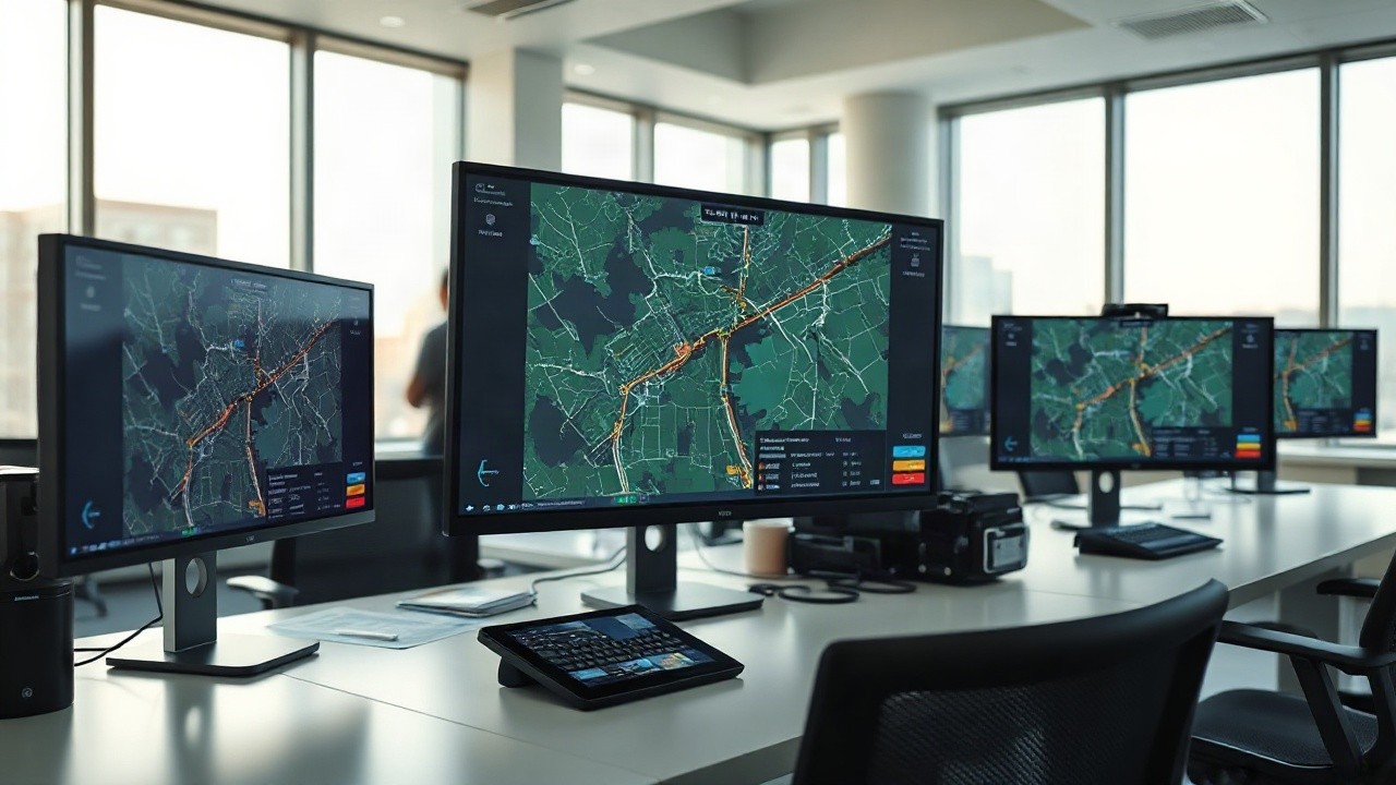 A modern open-plan office workspace with several computer monitors displaying traffic maps and fleet route data, soft daylight coming through large windows, no people visible, clos – Symbolbild, KI-erzeugt