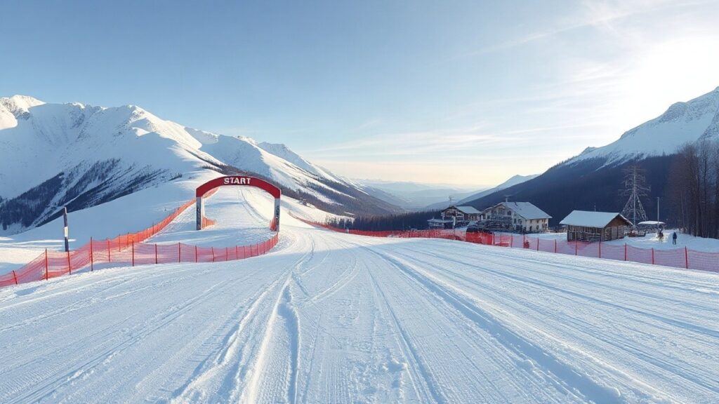 Wide shot of an empty Alpine ski slope with groomed snow, a ski race start gate structure and Austrian ski resort infrastructure in the background, morning light, no people visible – Symbolbild, KI-erzeugt