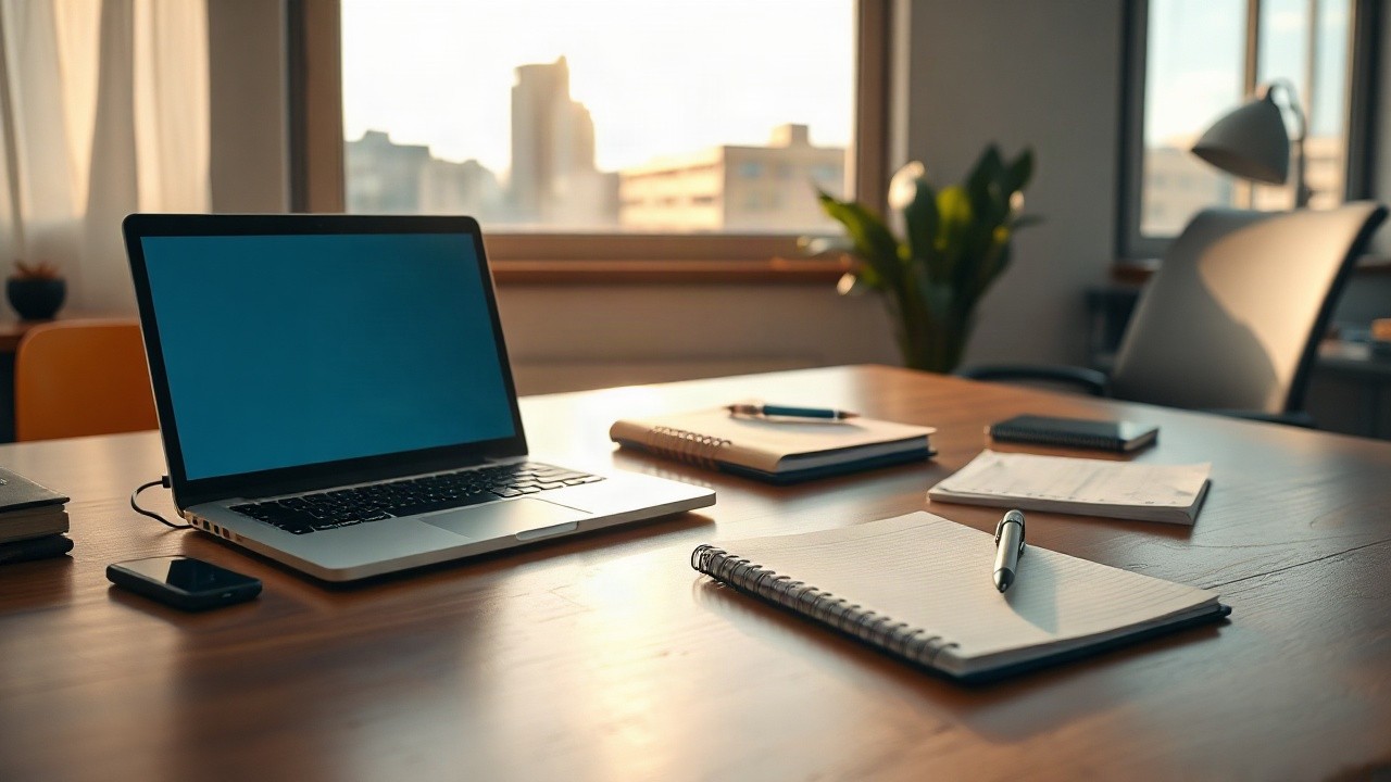 A quiet newsroom desk with a laptop, notebook and pen under warm morning light, no visible screen content, no people, horizontal composition – Symbolbild, KI-erzeugt
