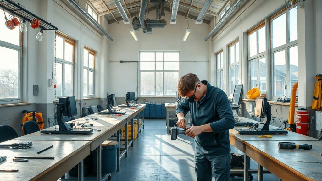 A wide shot inside a bright vocational training workshop in Austria, with workbenches, tools neatly arranged, and an apprentice's hands working on a metal piece, morning daylight c – Symbolbild, KI-erzeugt