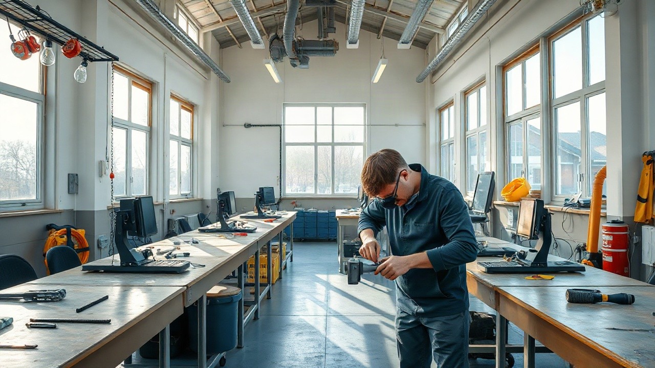 A wide shot inside a bright vocational training workshop in Austria, with workbenches, tools neatly arranged, and an apprentice's hands working on a metal piece, morning daylight c – Symbolbild, KI-erzeugt