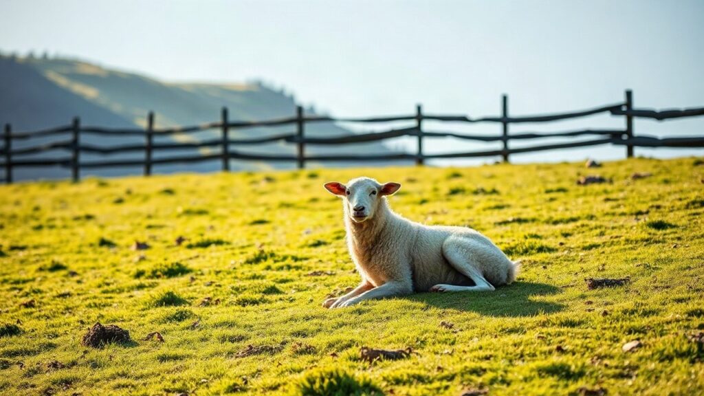 A quiet alpine meadow in Austria at soft morning light, with a sheep and a dog resting peacefully together on green grass, wooden farm fence in the background, no people visible, l – Symbolbild, KI-erzeugt