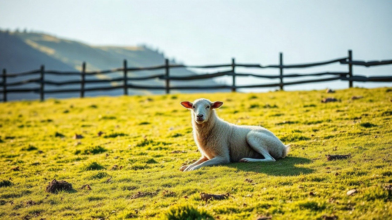 A quiet alpine meadow in Austria at soft morning light, with a sheep and a dog resting peacefully together on green grass, wooden farm fence in the background, no people visible, l – Symbolbild, KI-erzeugt