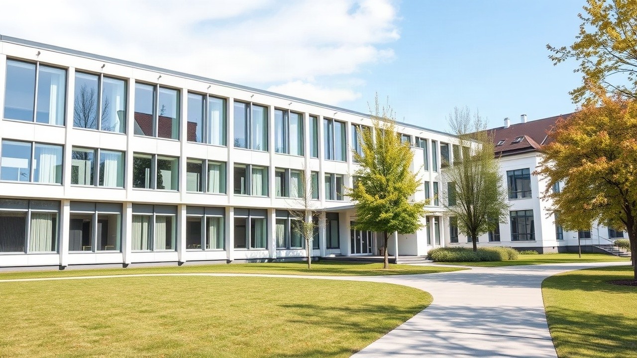 Exterior view of a modern university building facade in Freiburg, Germany, with large windows, daylight, no people visible, empty campus pathway in foreground – Symbolbild, KI-erzeugt
