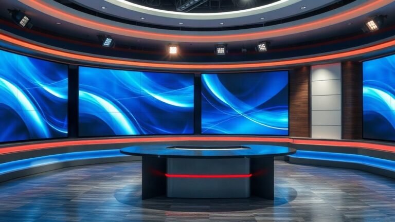 A television studio news desk set, empty, with modern studio lighting, large screens in the background showing abstract blue graphics, no people, no text visible, wide shot, 16:9 – Symbolbild, KI-erzeugt