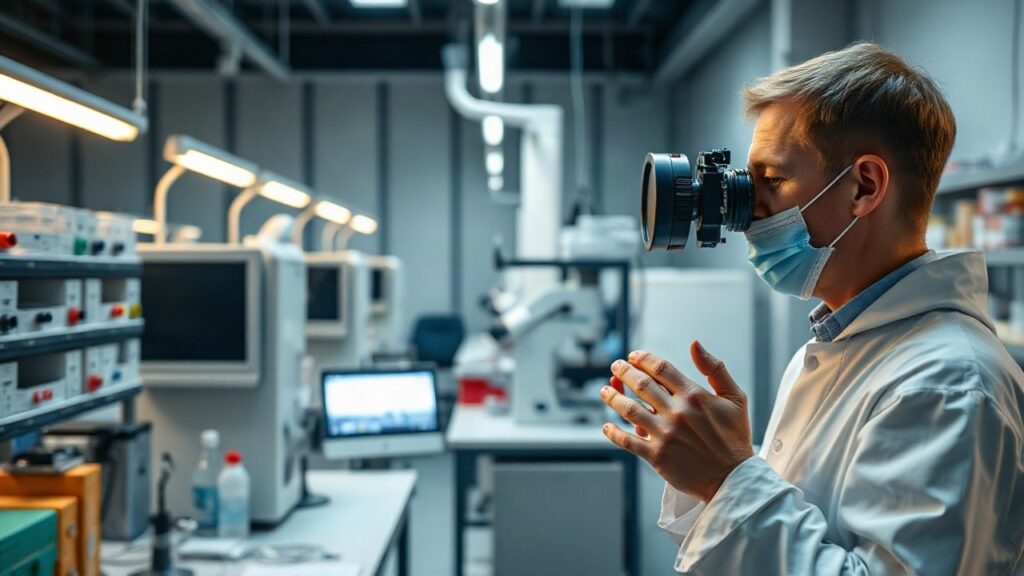 Modernes Forschungslabor oder Innovationszentrum in Österreich, warmes Licht, Fokus auf Technik und Geräte, keine erkennbaren Gesichter, höchstens anonyme Hände an einem Gerät, Que – Symbolbild, KI-erzeugt