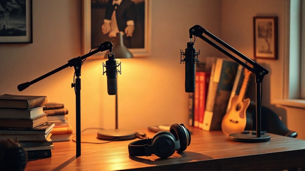 A cozy home podcast recording setup with two microphones on boom arms, headphones on a wooden desk, a stack of history books nearby, warm desk lamp light, no people visible, horizo – Symbolbild, KI-erzeugt
