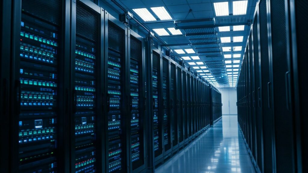 A modern data center corridor with rows of server racks, blue status lights glowing, cool artificial lighting, no visible people, wide-angle close shot emphasizing scale and techno – Symbolbild, KI-erzeugt