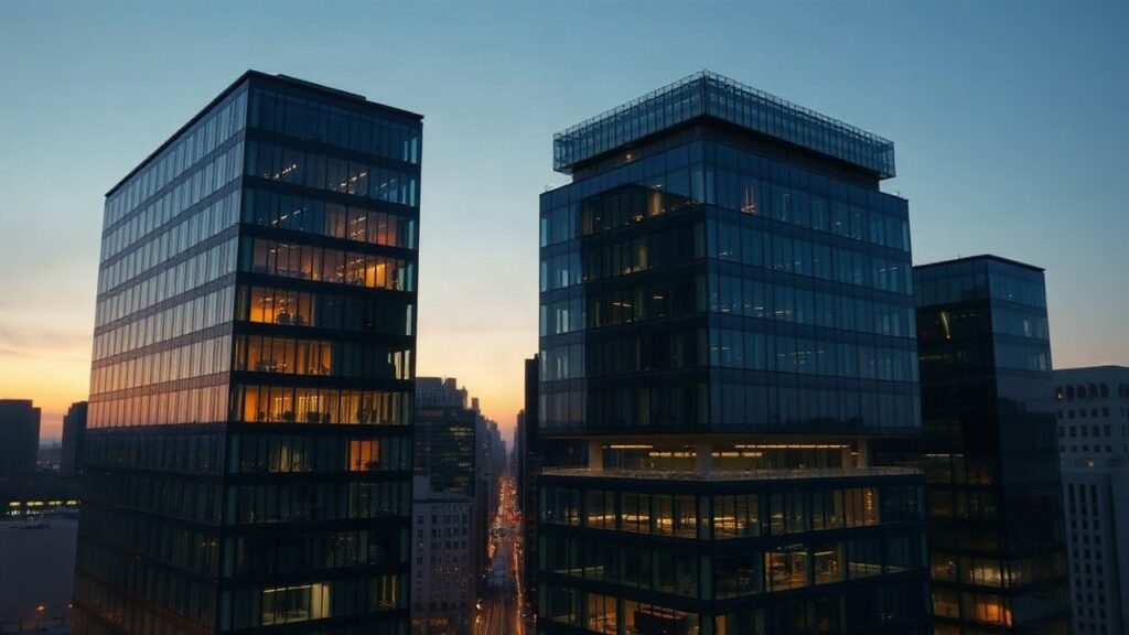 A modern glass office tower exterior at dusk with illuminated windows, symbolizing a technology company headquarters, no visible logos or text, no people, wide-angle urban skyline – Symbolbild, KI-erzeugt