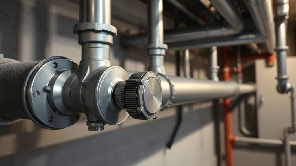 A close-up photograph of a modern district heating pipe installation in an urban basement or utility room, metal pipes with insulation, a thermostat valve in focus, soft industrial – Symbolbild, KI-erzeugt