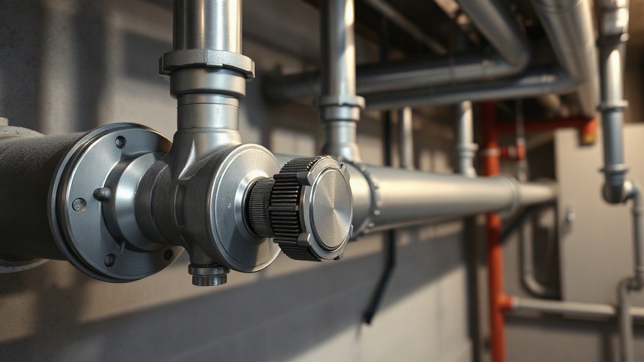 A close-up photograph of a modern district heating pipe installation in an urban basement or utility room, metal pipes with insulation, a thermostat valve in focus, soft industrial – Symbolbild, KI-erzeugt