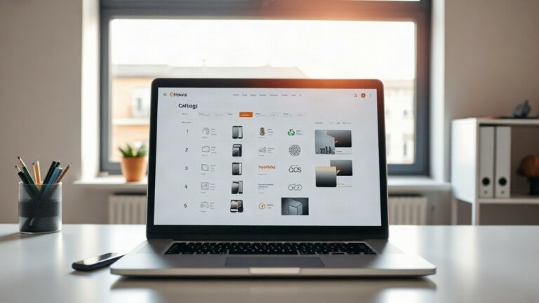 A close-up photo of a modern laptop screen on a clean desk displaying an abstract product catalog grid layout with icons, soft daylight from a window, minimalist office setting, no – Symbolbild, KI-erzeugt