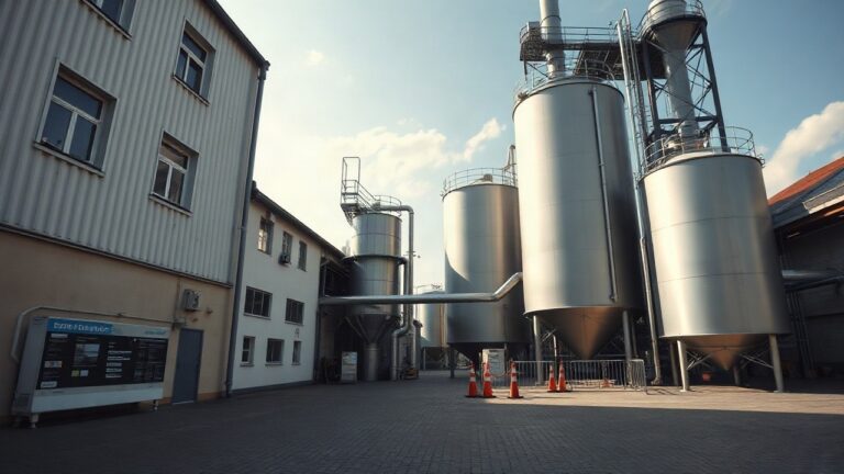 Exterior view of an Austrian brewery building with industrial pipes and storage tanks, daylight, no people visible, wide shot, 16:9 format – Symbolbild, KI-erzeugt
