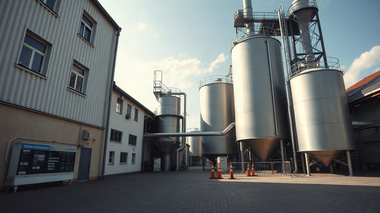 Exterior view of an Austrian brewery building with industrial pipes and storage tanks, daylight, no people visible, wide shot, 16:9 format – Symbolbild, KI-erzeugt