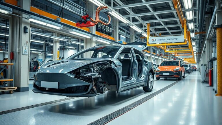 A modern automotive assembly line hall in Europe with electric vehicle chassis on a production line, industrial lighting, wide angle, no people visible, clean factory floor, 16:9 f – Symbolbild, KI-erzeugt